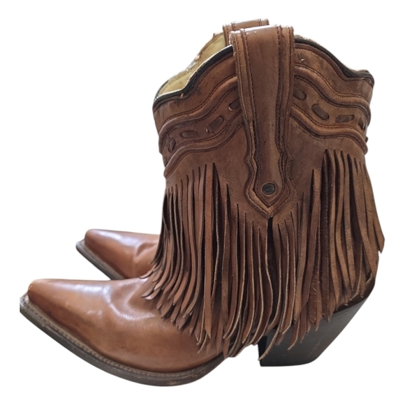 CORRAL Cowgirl Fringe Whip Stitch Short Boot Snip Toe Cognac Leather Women 6.5 - Picture 8 of 12